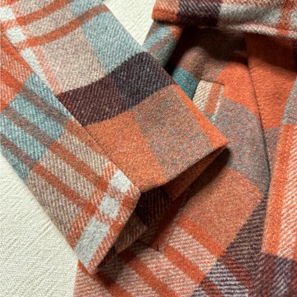 Chicwish Wool Blend Orange Teal Brown Plaid Wrap Coat S - Picture 4 of 8